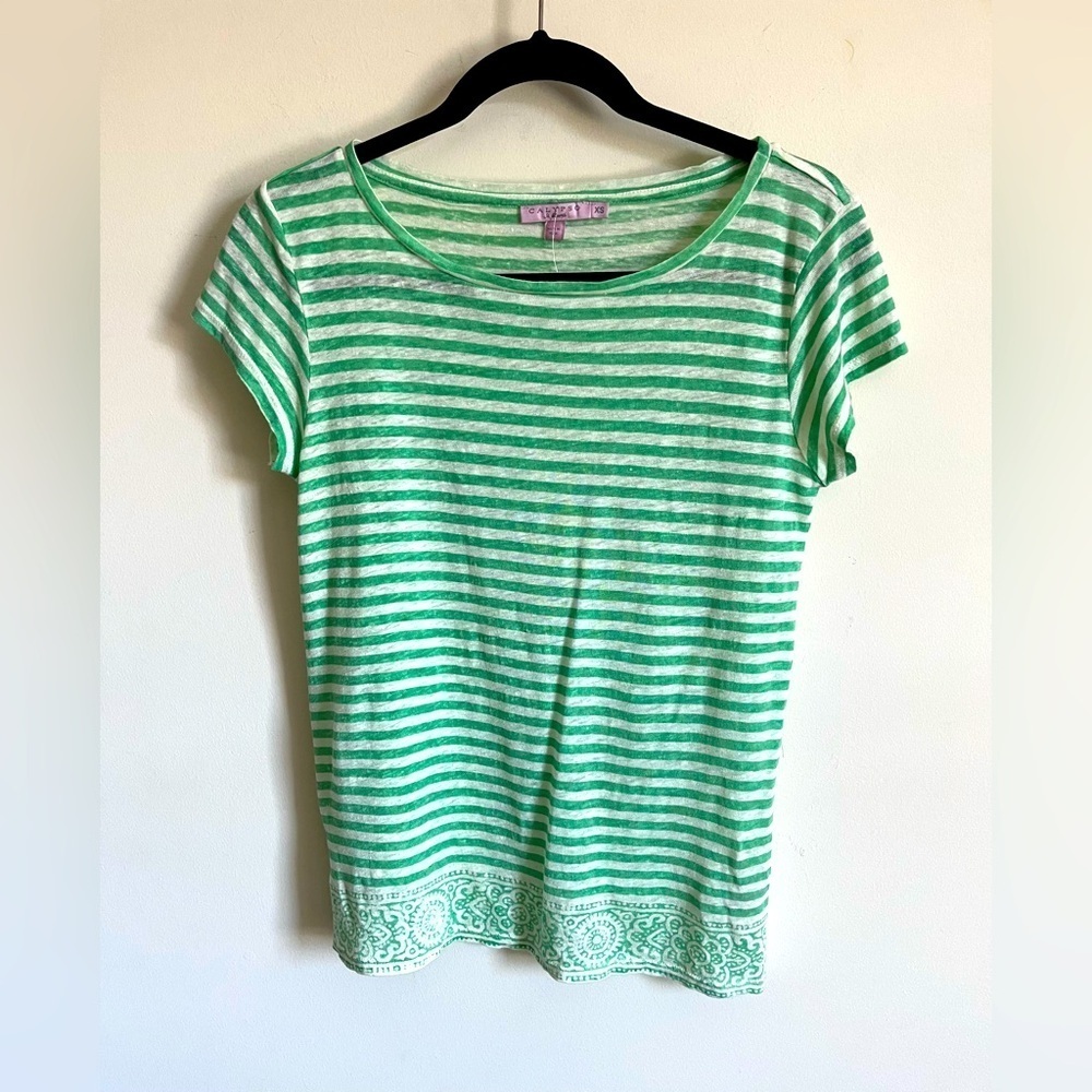Calypso St. Barth Green and White Linen Short Sleeve Tee Womens Sz XS EUC